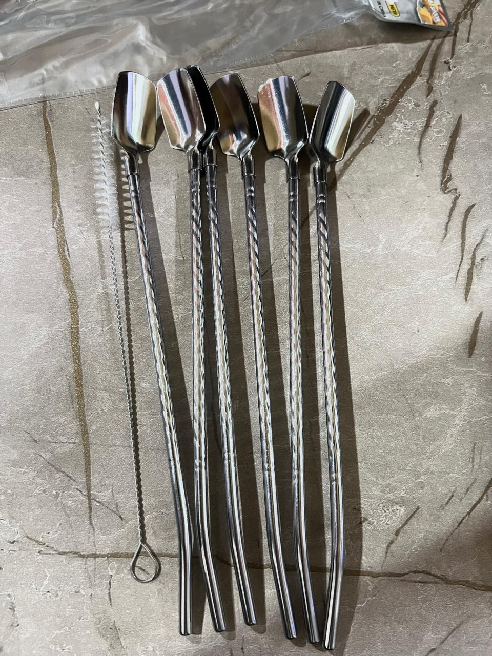 2 in 1 Stainless Steel Straw Spoon Set with Cleaning Brush